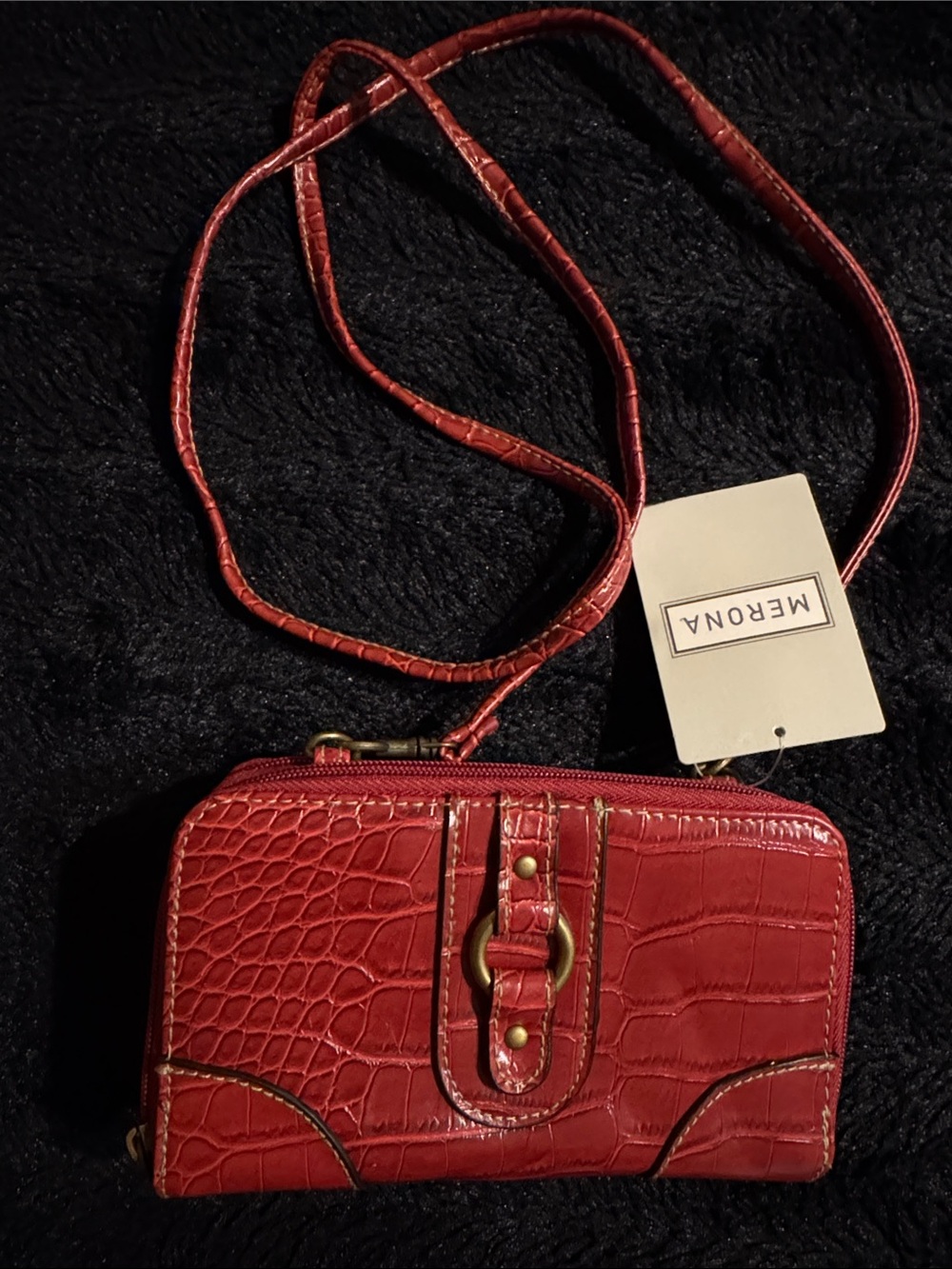 NWT Merona Red Wine Croc Embossed Crossbody Wallet with Gold Hardware